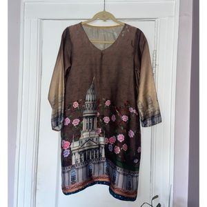 Brown Floral Satin Top/ Kurtha / Kurthi / Kameez/ Pret